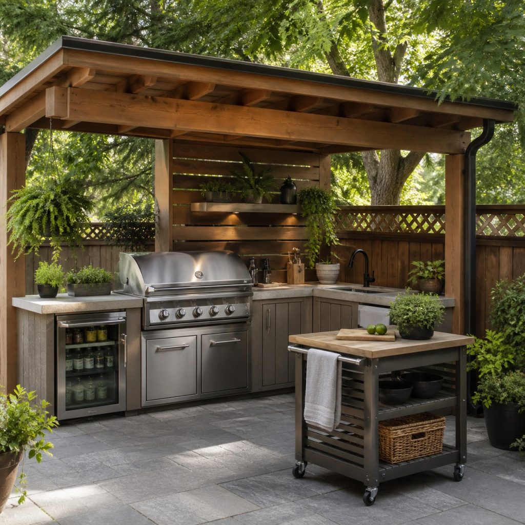 Outdoor grill station paired with a rolling wood and metal prep cart