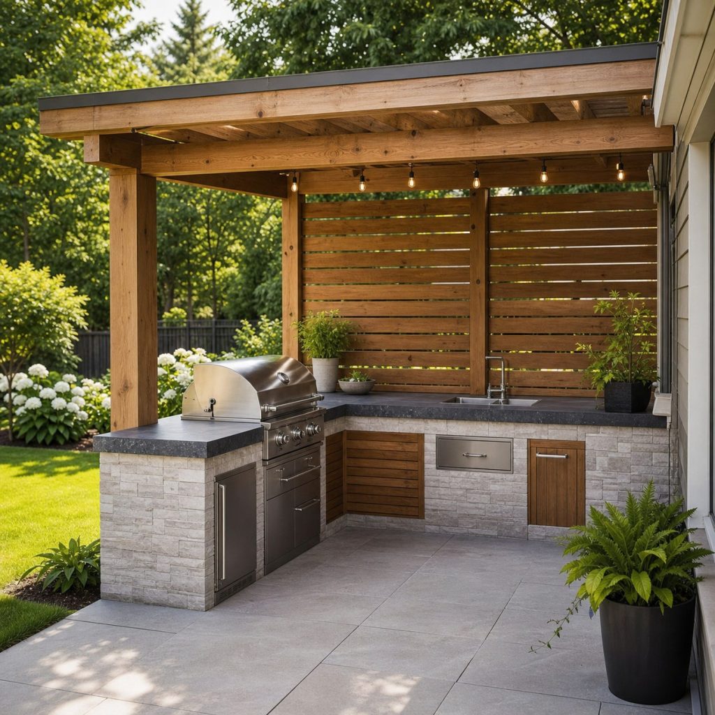 L-shaped outdoor grill station in a landscaped patio corner