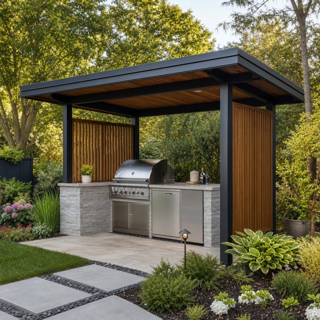 Outdoor grill station beside a garden path with stone counter and greenery