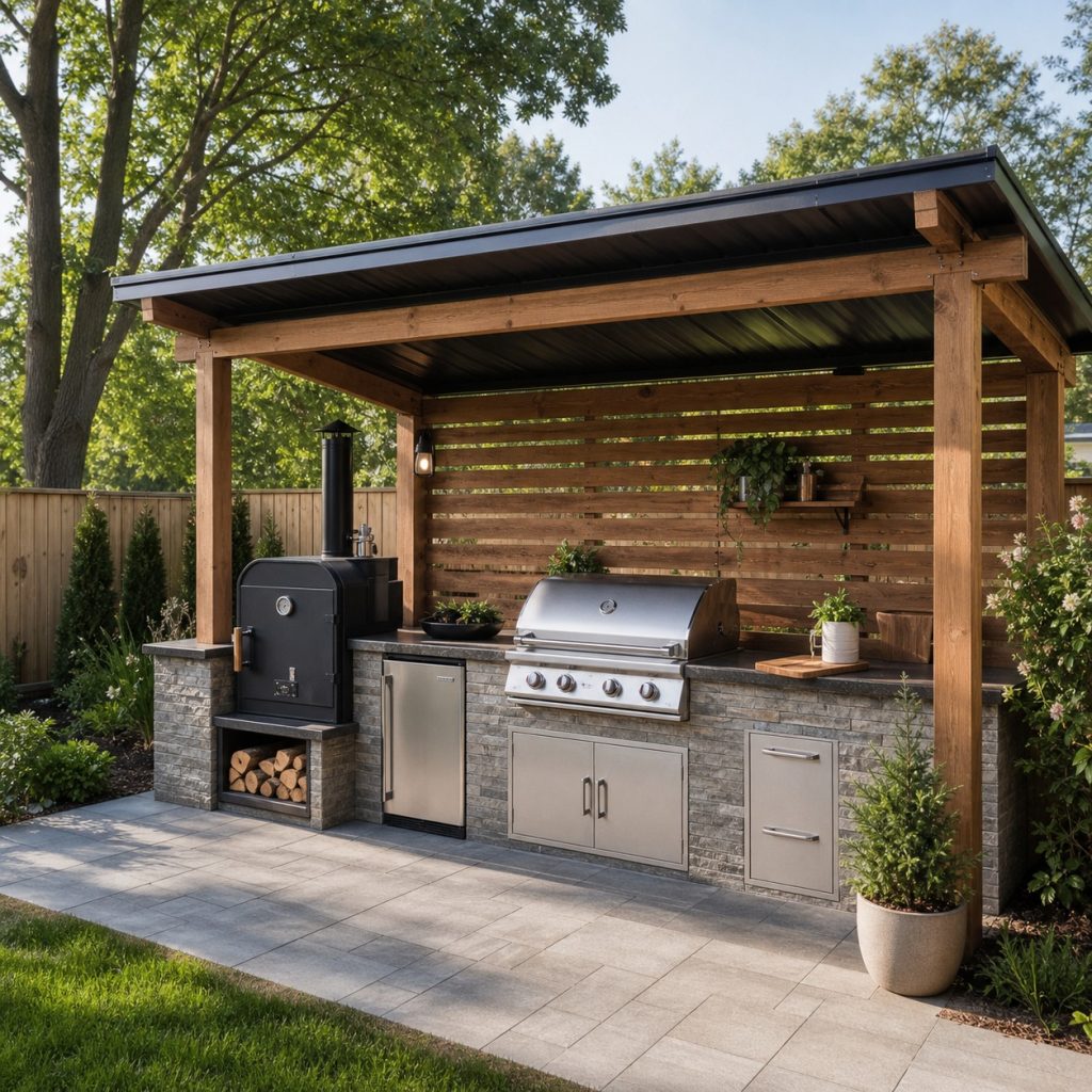 Outdoor cooking station with grill and a separate smoker position on heat-safe paving