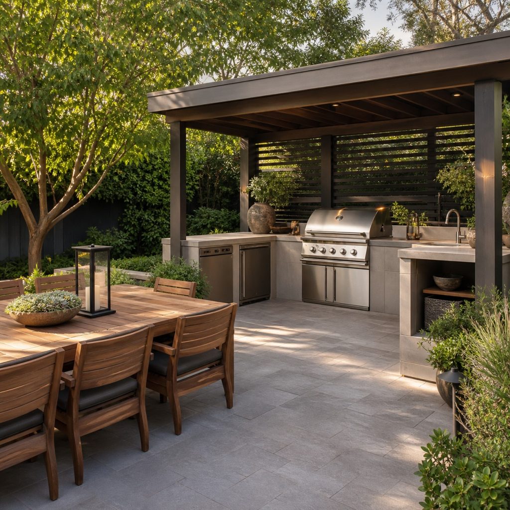Outdoor grill station near a dining table with a clear serving aisle