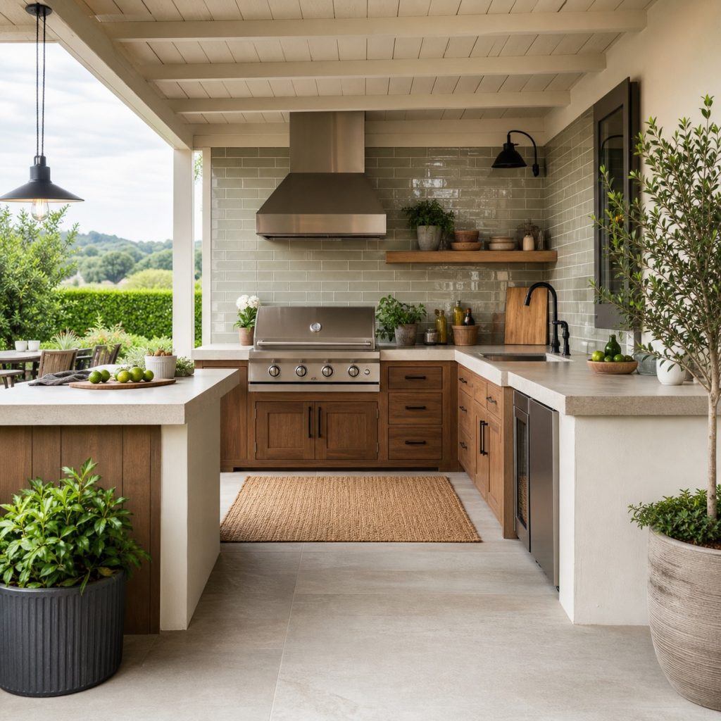 Outdoor kitchen with matte porcelain subway tile backsplash behind the prep zone