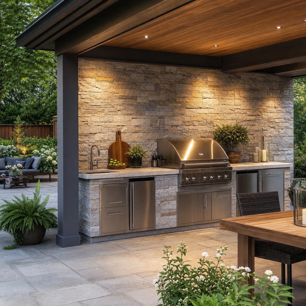 Outdoor kitchen with natural stone veneer backsplash and broad prep counter