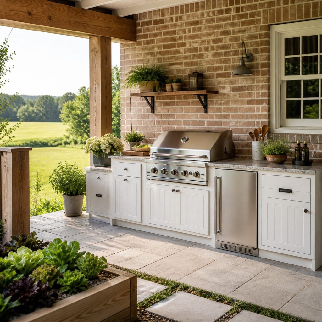 Farmhouse outdoor kitchen with brick backsplash wall and pale cabinets