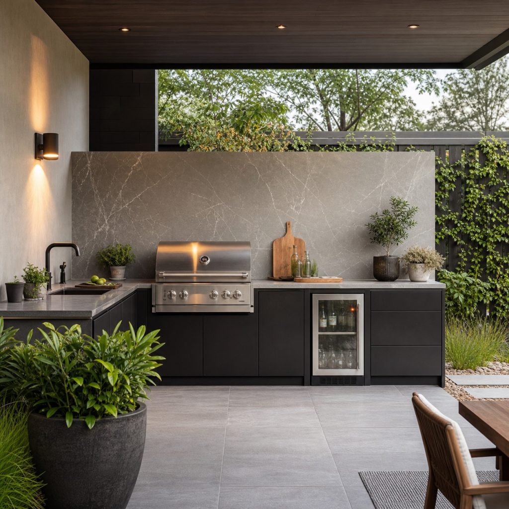 Modern outdoor kitchen with large-format porcelain slab backsplash and dark cabinets