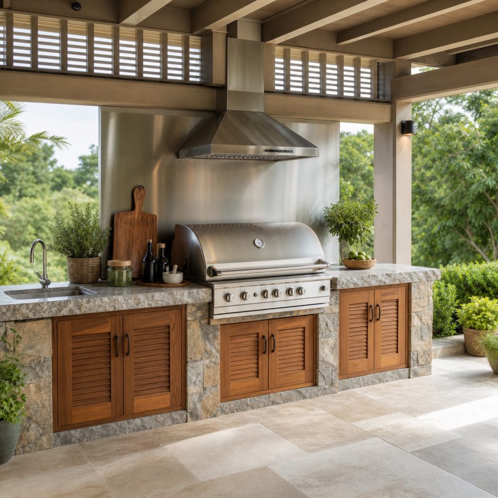 Outdoor grill station with stainless backsplash panel and stone side counters