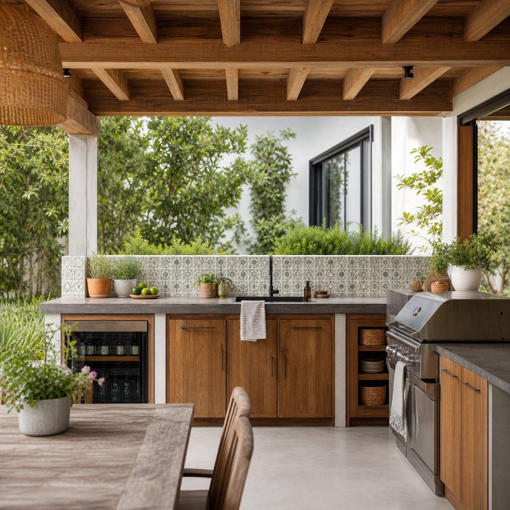 Covered outdoor kitchen with patterned tile backsplash behind sink and prep counter