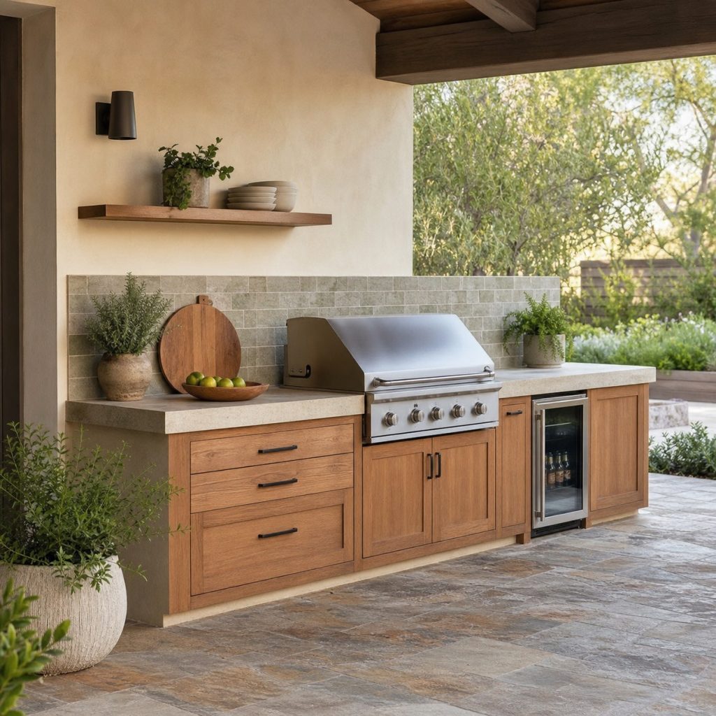 Minimal stucco outdoor kitchen wall with low tile backsplash and open shelf