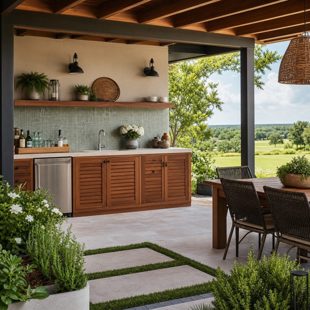Outdoor serving kitchen with subtle mosaic backsplash and dining terrace