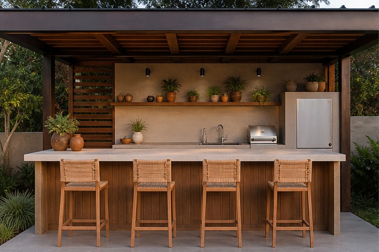 Covered outdoor kitchen with straight four-seat serving bar