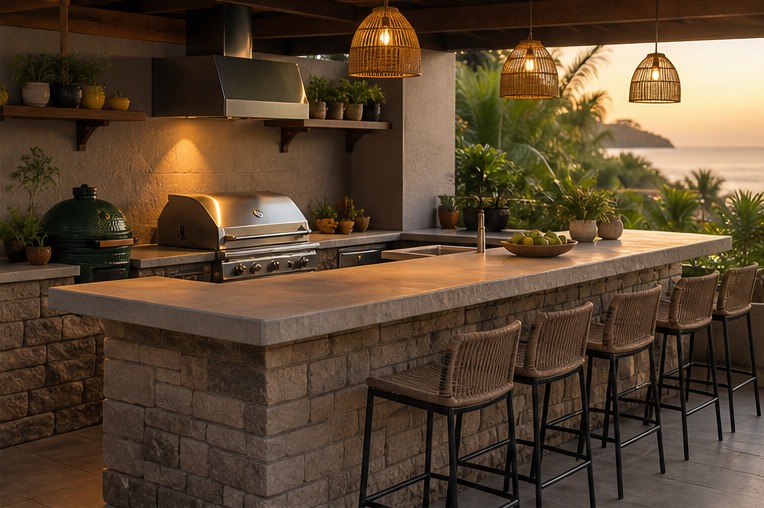 L-shaped outdoor kitchen bar with three stools and garden view