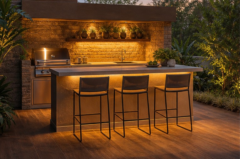Outdoor kitchen bar with three stools and warm concealed lighting