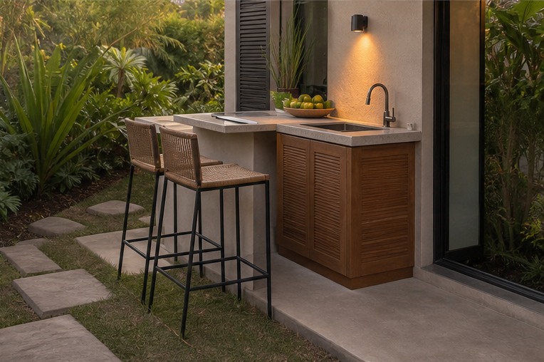 Small covered outdoor kitchen with compact two-seat bar
