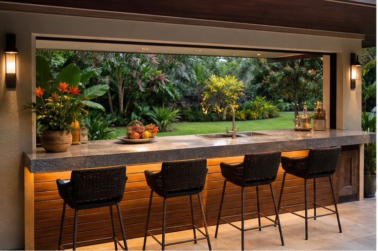 Outdoor kitchen bar facing a tropical garden with woven stools