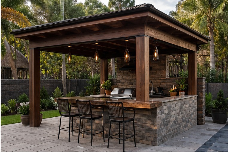 Freestanding outdoor kitchen pavilion with three-seat serving bar