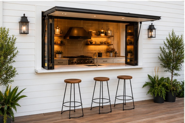 Outdoor kitchen pass-through window with wood counter and two stools