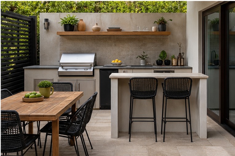 Outdoor kitchen with two-seat bar and adjacent wood dining table