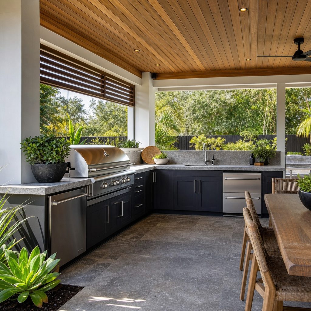 Charcoal outdoor kitchen with gray stone and warm timber ceiling