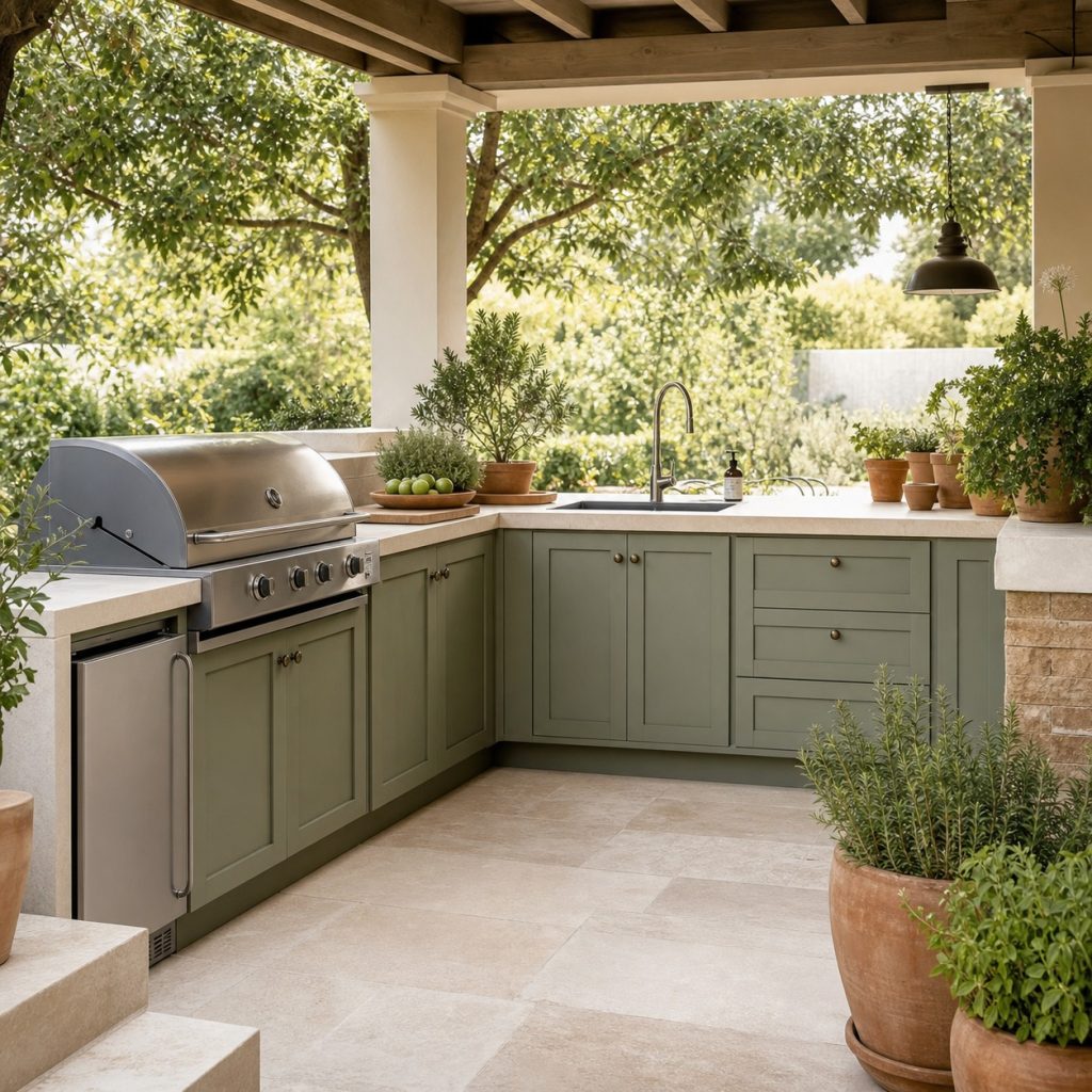 Sage-green outdoor cabinets with cream counter and terracotta planters