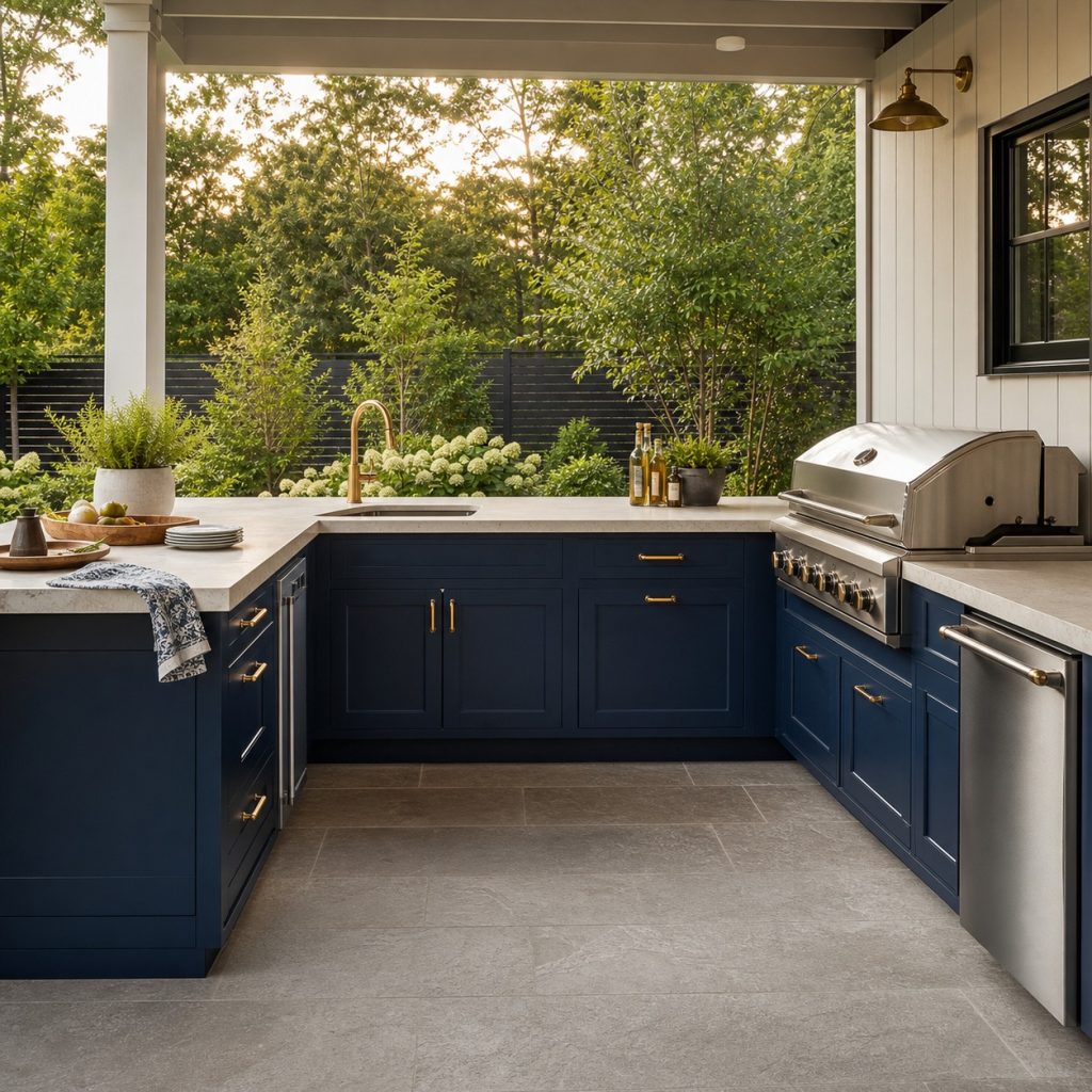 Navy outdoor kitchen cabinets with pale counter and restrained warm metal accents