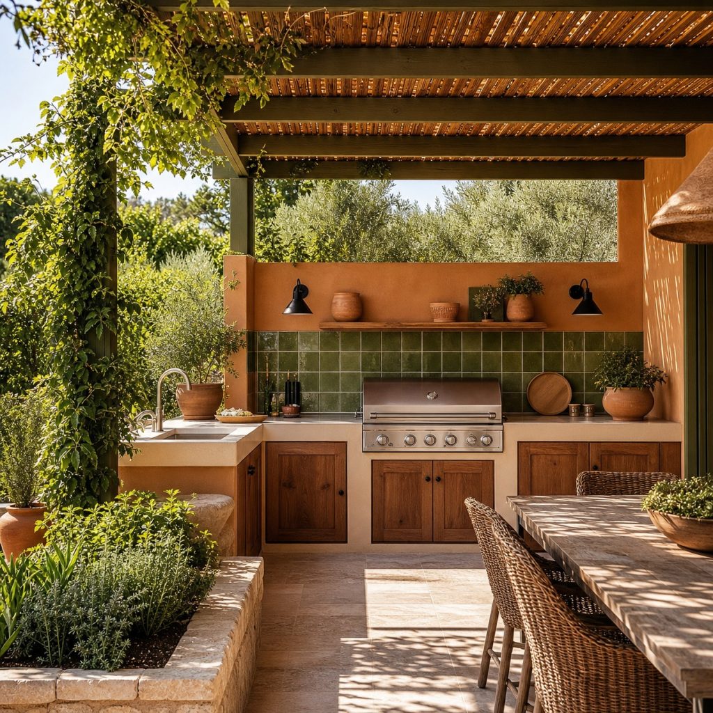Terracotta and cream outdoor kitchen with olive-green accents