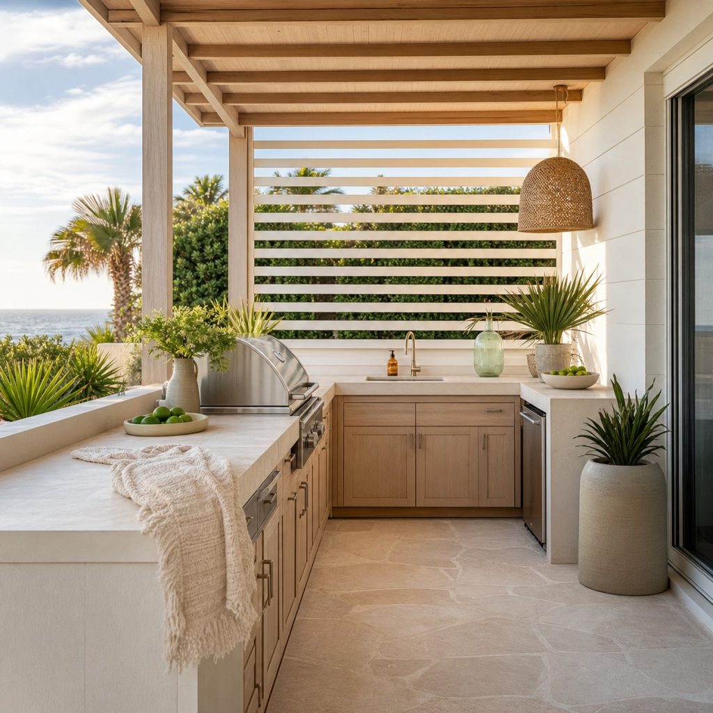 Coastal outdoor kitchen with sand beige, soft white, and sea-glass accents