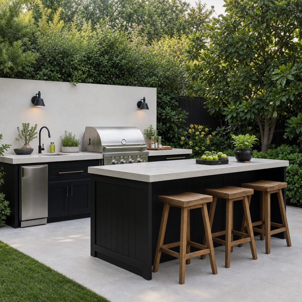Black-and-white outdoor kitchen with warm wood stools and green backdrop