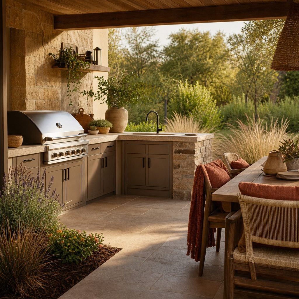Earth-tone outdoor kitchen with taupe cabinets, brown-gray stone, and rust dining accents