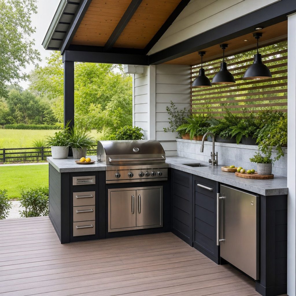 Outdoor grill set across a wide clipped corner with landing counters