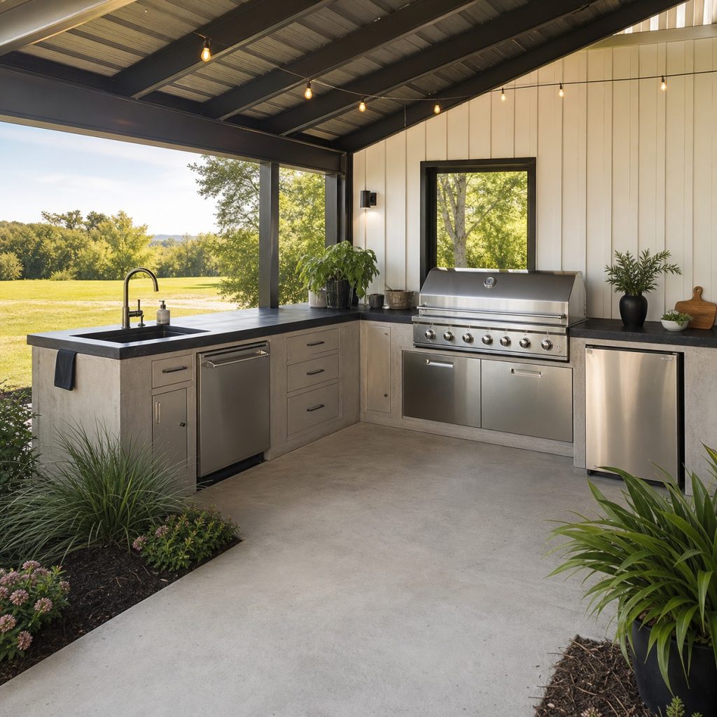 Corner outdoor kitchen with sink and grill on perpendicular walls
