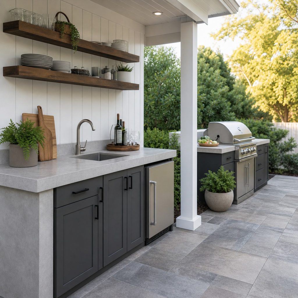 Compact corner prep station with open shelves and grill farther along patio