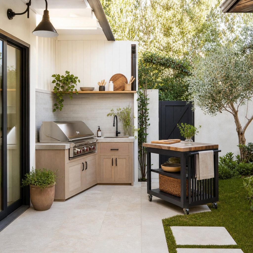 Small courtyard kitchen with straight appliance run and movable prep cart