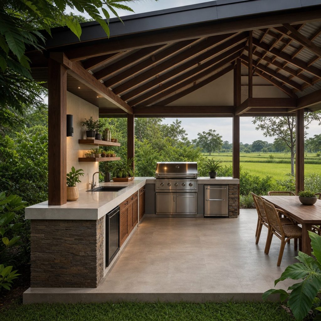 Open-sided corner pavilion kitchen with grill at exterior edge