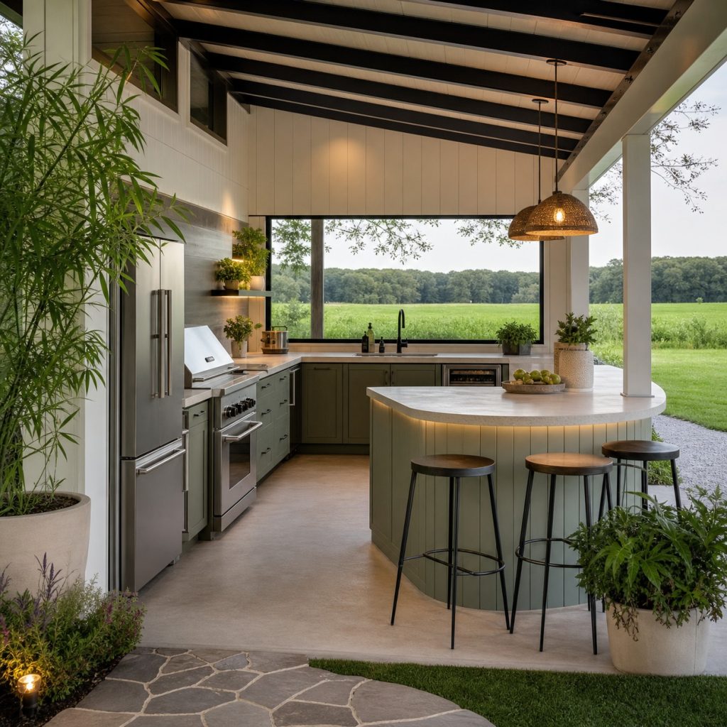 Outdoor kitchen with curved serving counter and straight appliance runs