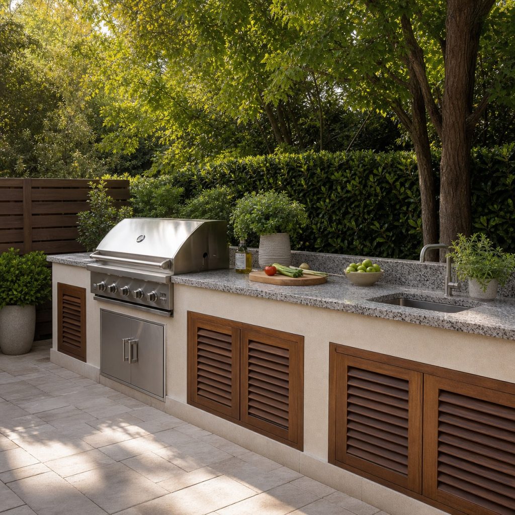 Linear outdoor kitchen with speckled granite countertop and stainless grill