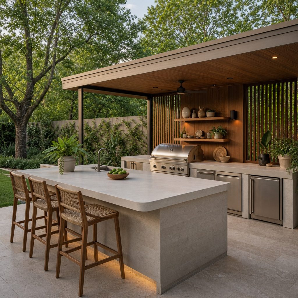 Outdoor kitchen island with pale honed stone countertop and seating on the cool side