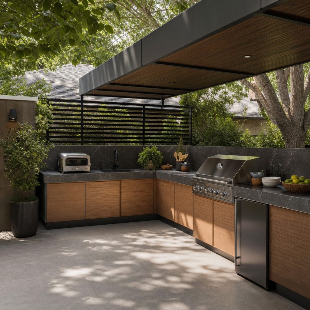 Modern outdoor kitchen with large-format porcelain slab countertop and backsplash return