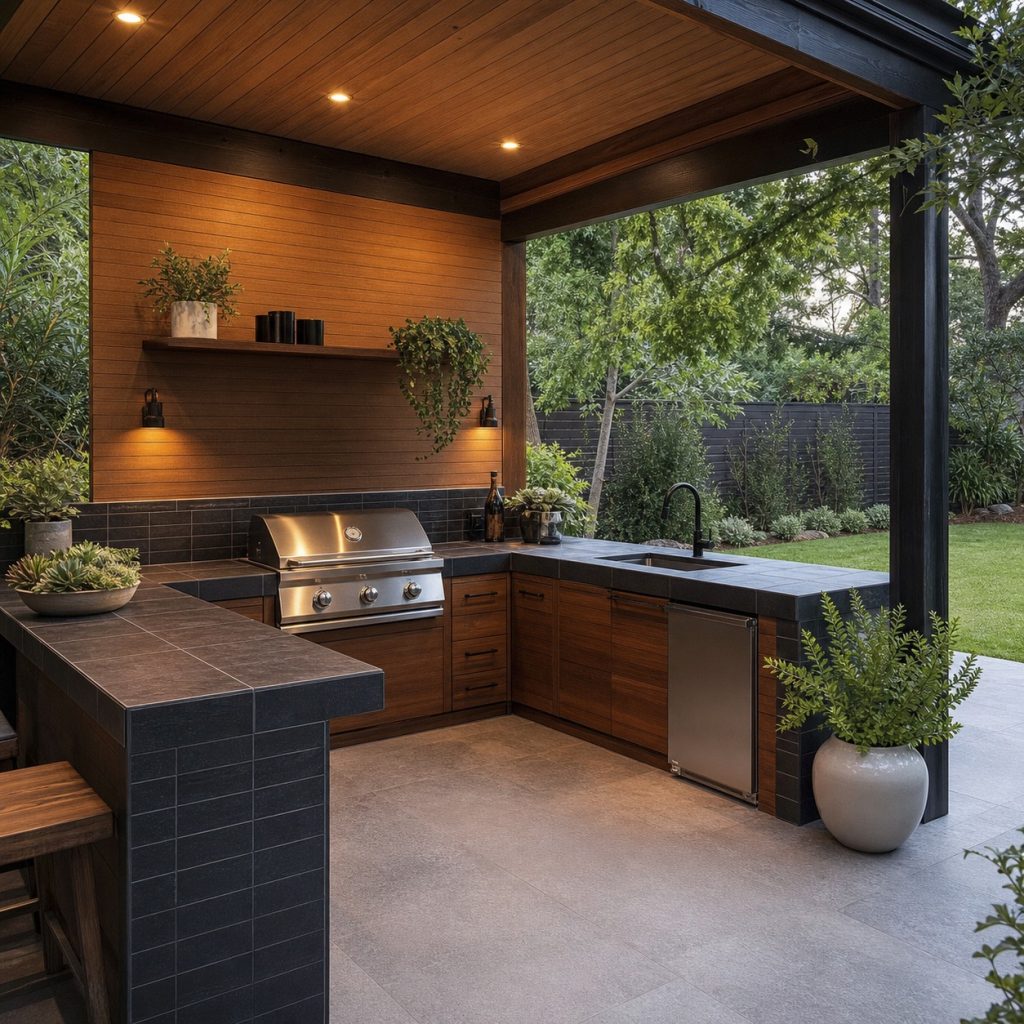 Covered outdoor kitchen with restrained square tile countertop and separate grill insert