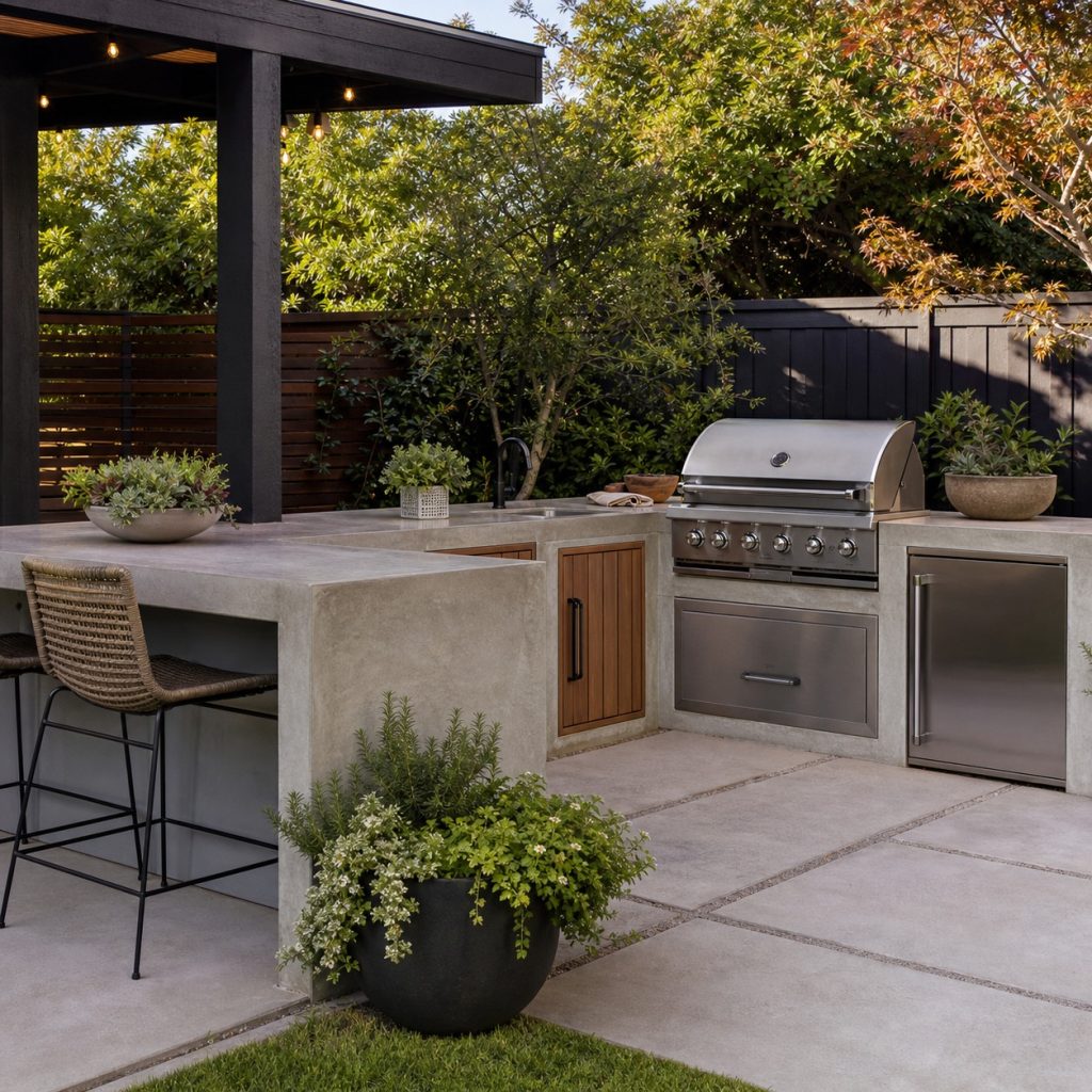 Outdoor kitchen with smooth concrete countertop, control joints, and warm wood accents