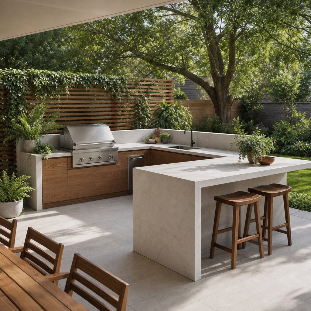 Contemporary outdoor kitchen with light sintered-stone counter and waterfall serving end
