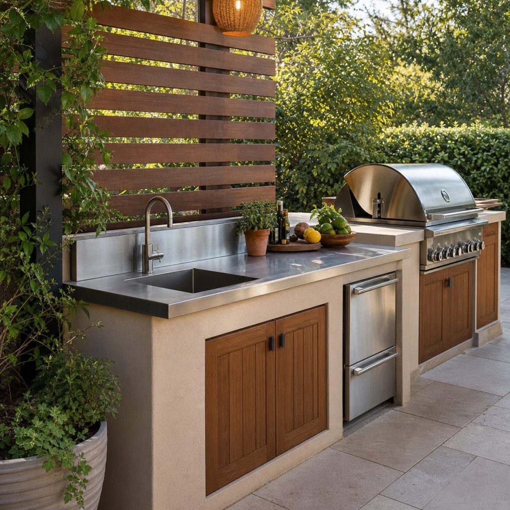 Outdoor prep station with stainless worktop, sink, and separate grill zone