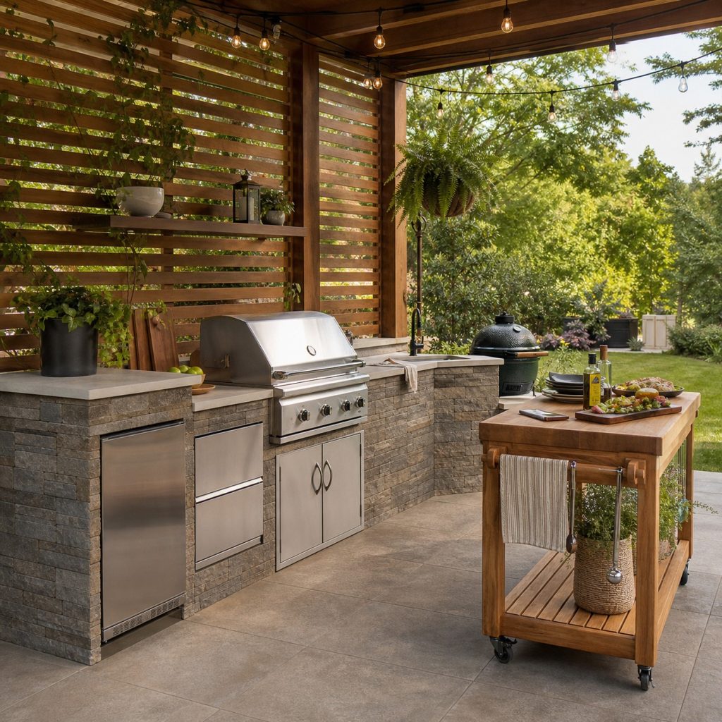 Stone outdoor kitchen counter paired with a removable wood-look serving cart