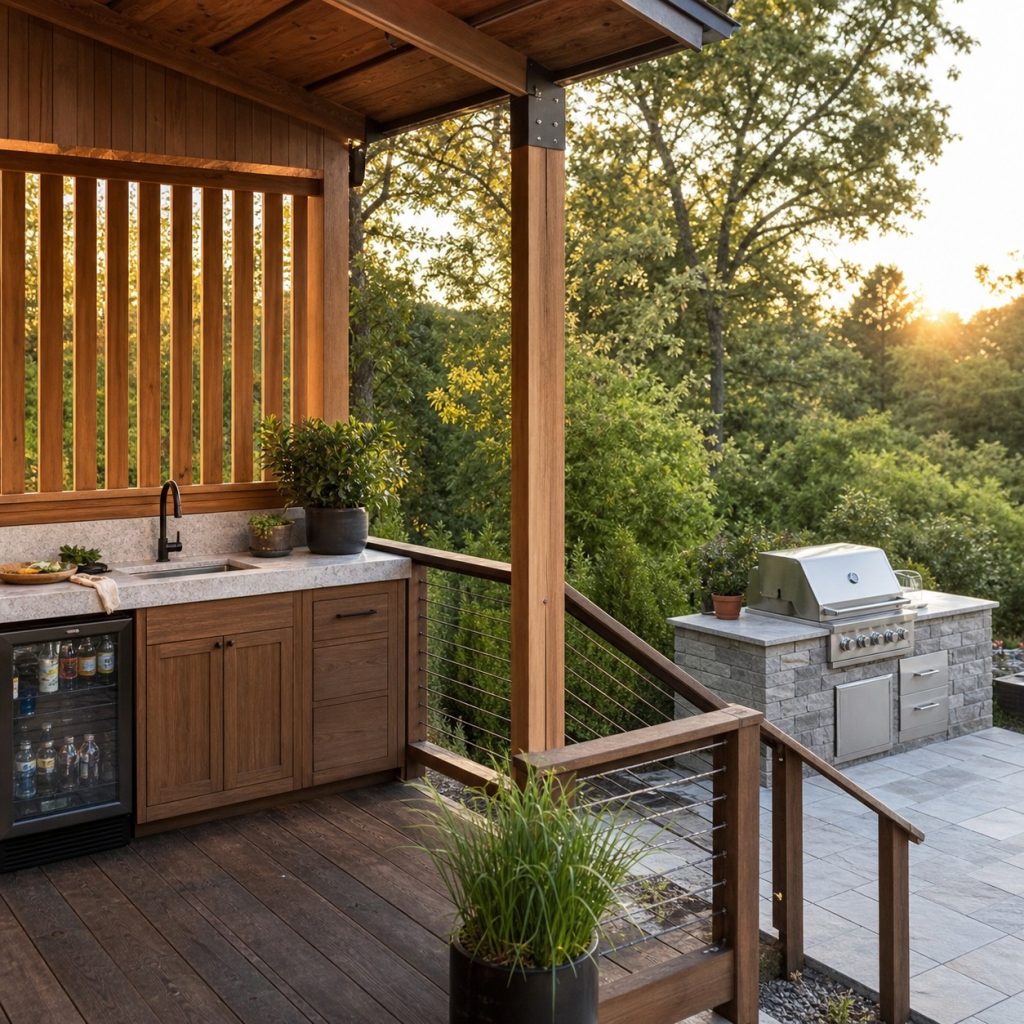 Raised deck prep kitchen overlooking a separate masonry grill terrace