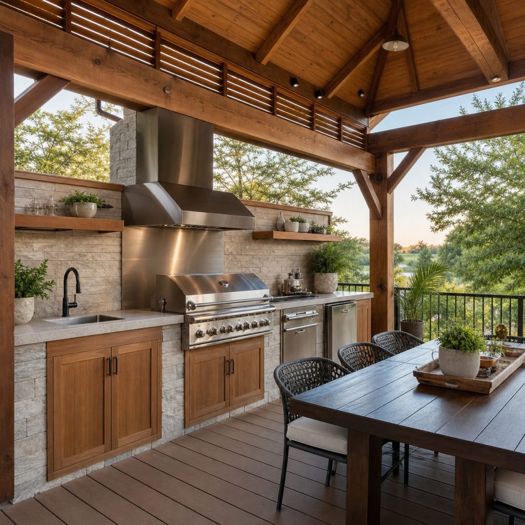 Covered deck outdoor kitchen with visible structure and noncombustible appliance wall