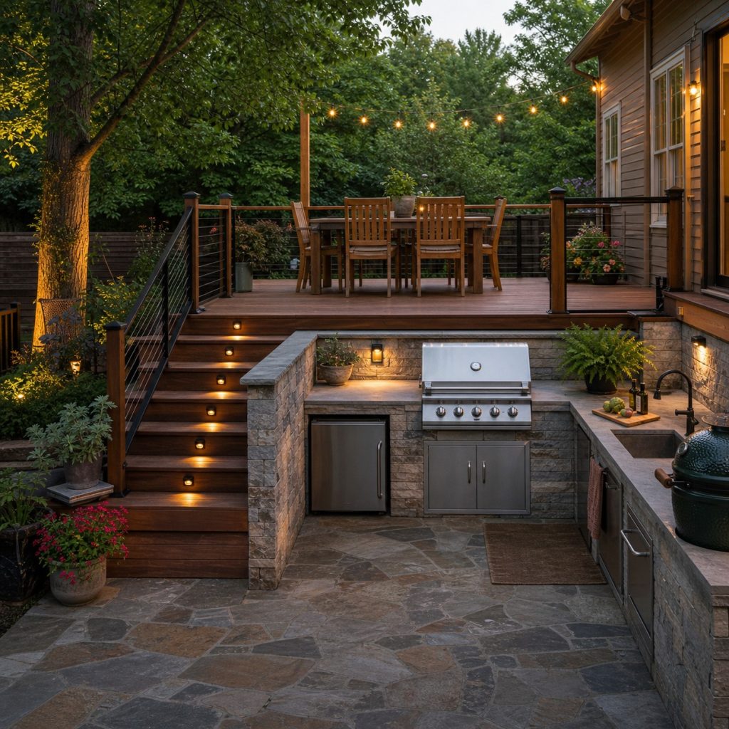 Upper wood dining deck overlooking lower stone outdoor kitchen terrace
