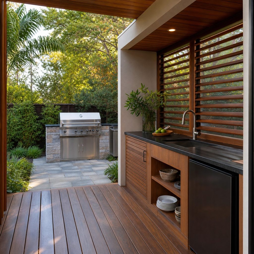 Narrow deck with outdoor sink, refrigerator, and prep counter only