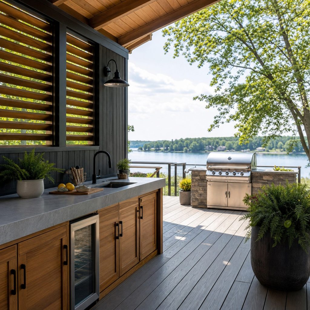 Lake-house deck with compact prep kitchenette and separate grill terrace