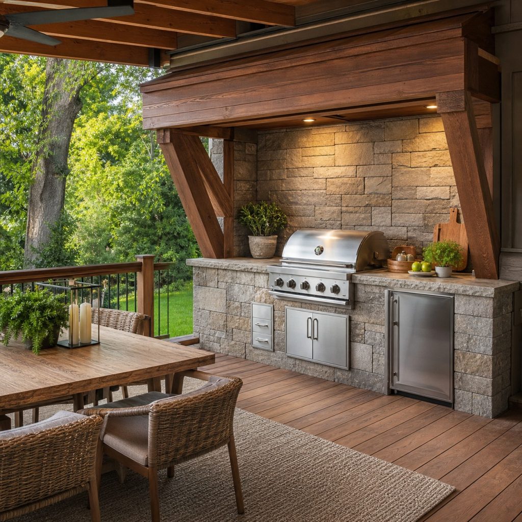 Composite deck dining zone surrounding recessed stone-paved grill bay