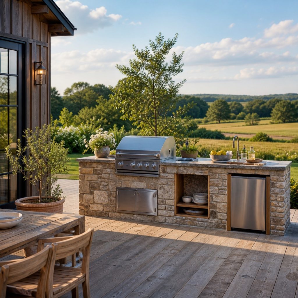 Wood deck connected to detached masonry outdoor kitchen island on its own base