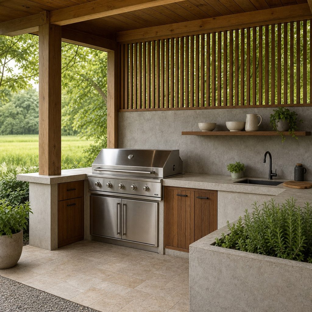 Outdoor kitchen with one open shelf displaying neutral pottery and a small herb plant